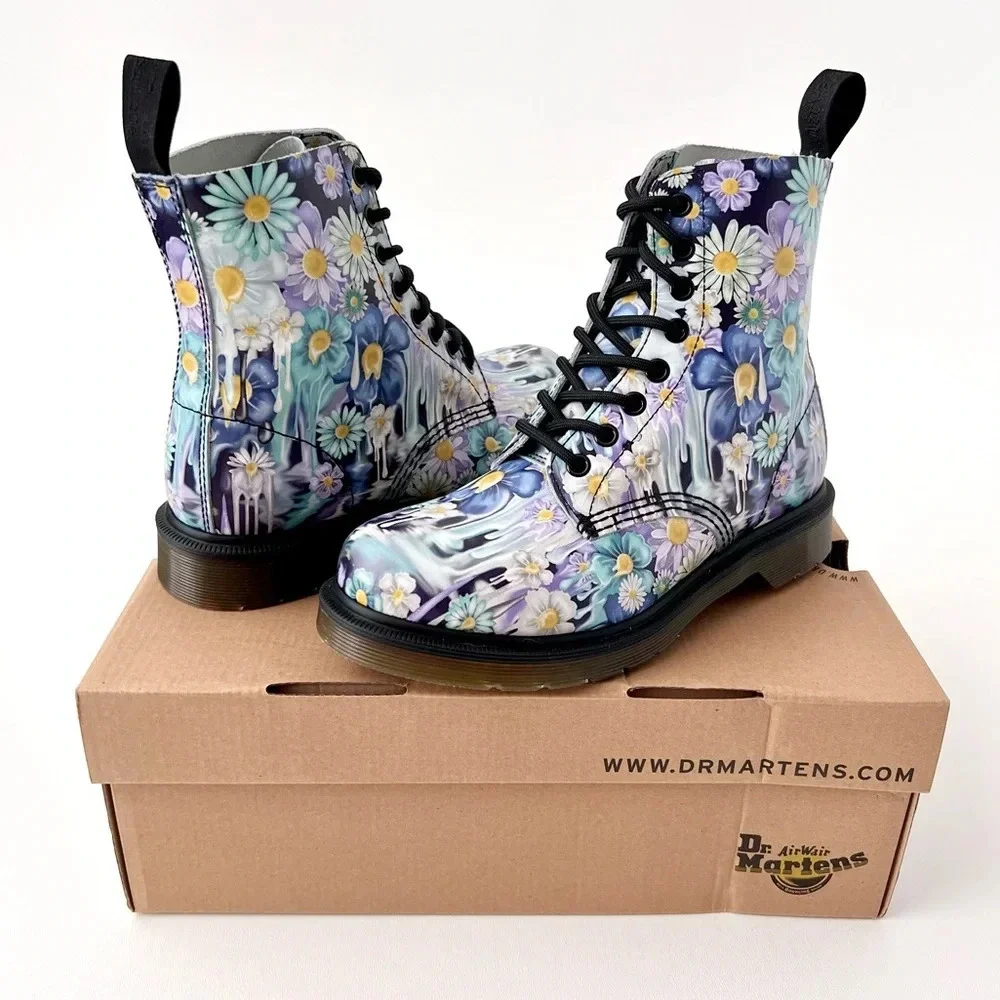 DR. MARTENS | Pascal Paint Slick Backhand Purple White Floral Drip Boots US 7 - Picture 2 of 13